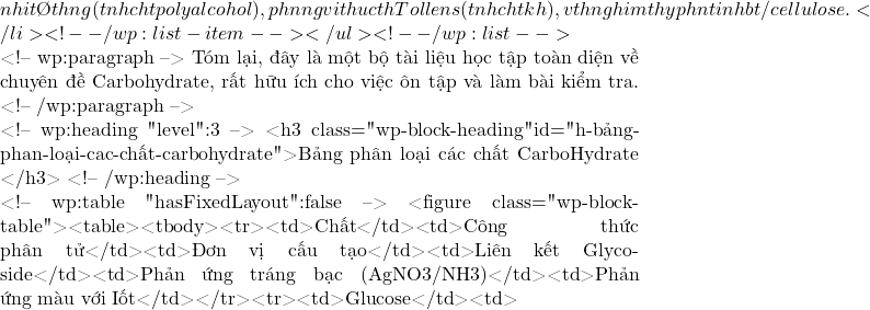 ở nhiệt độ thường (tính chất polyalcohol), phản ứng với thuốc thử Tollens (tính chất khử), và thí nghiệm thủy phân tinh bột/cellulose.</li> <!-- /wp:list-item --></ul> <!-- /wp:list -->  <!-- wp:paragraph --> Tóm lại, đây là một bộ tài liệu học tập toàn diện về chuyên đề Carbohydrate, rất hữu ích cho việc ôn tập và làm bài kiểm tra. <!-- /wp:paragraph -->  <!-- wp:heading {"level":3} --> <h3 class="wp-block-heading" id="h-bảng-phan-loại-cac-chất-carbohydrate">Bảng phân loại các chất CarboHydrate </h3> <!-- /wp:heading -->  <!-- wp:table {"hasFixedLayout":false} --> <figure class="wp-block-table"><table><tbody><tr><td>Chất</td><td>Công thức phân tử</td><td>Đơn vị cấu tạo</td><td>Liên kết Glycoside</td><td>Phản ứng tráng bạc (AgNO3/NH3)</td><td>Phản ứng màu với Iốt</td></tr><tr><td>Glucose</td><td>