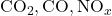 \text{CO}_2, \text{CO}, \text{NO}_x